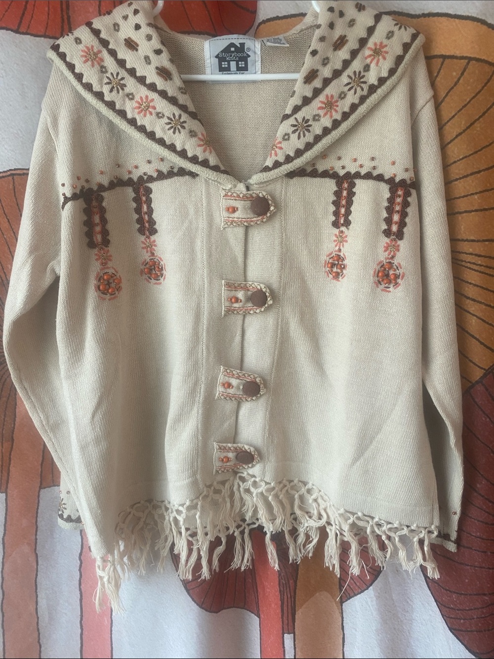 Storybook Knits patterned beaded Embroidered Fringe knit cardigan